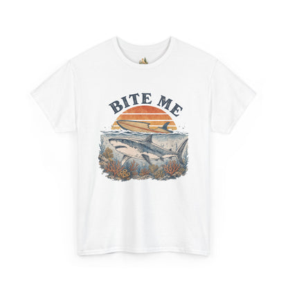 Shark 'Bite Me' Graphic Tee — Vintage Ocean Sunset Fishing Shirt (Heavy Weight Tee)