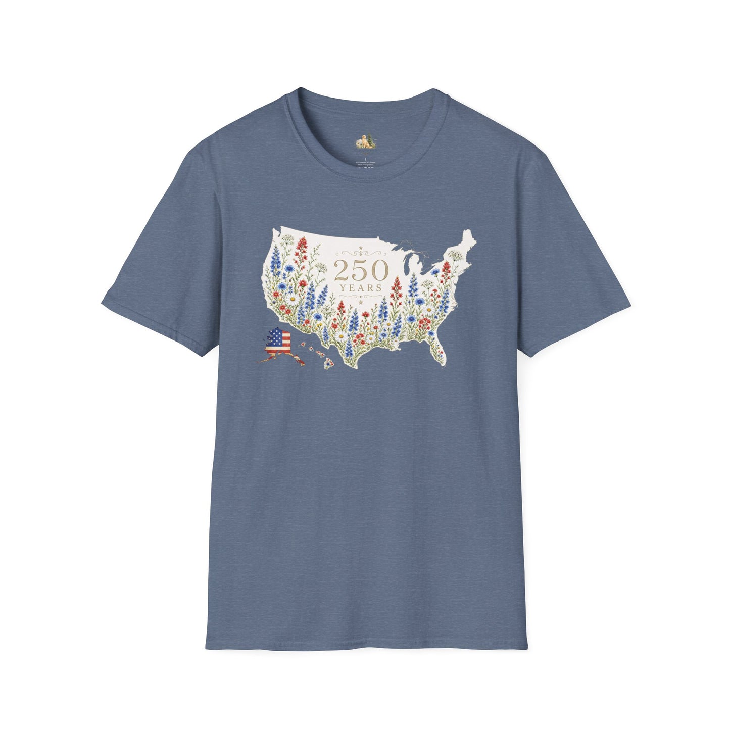 Unisex 250 Years USA Floral Map T-Shirt — Patriotic Anniversary Graphic Tee (Light weight Ulta Soft T-Shirt)