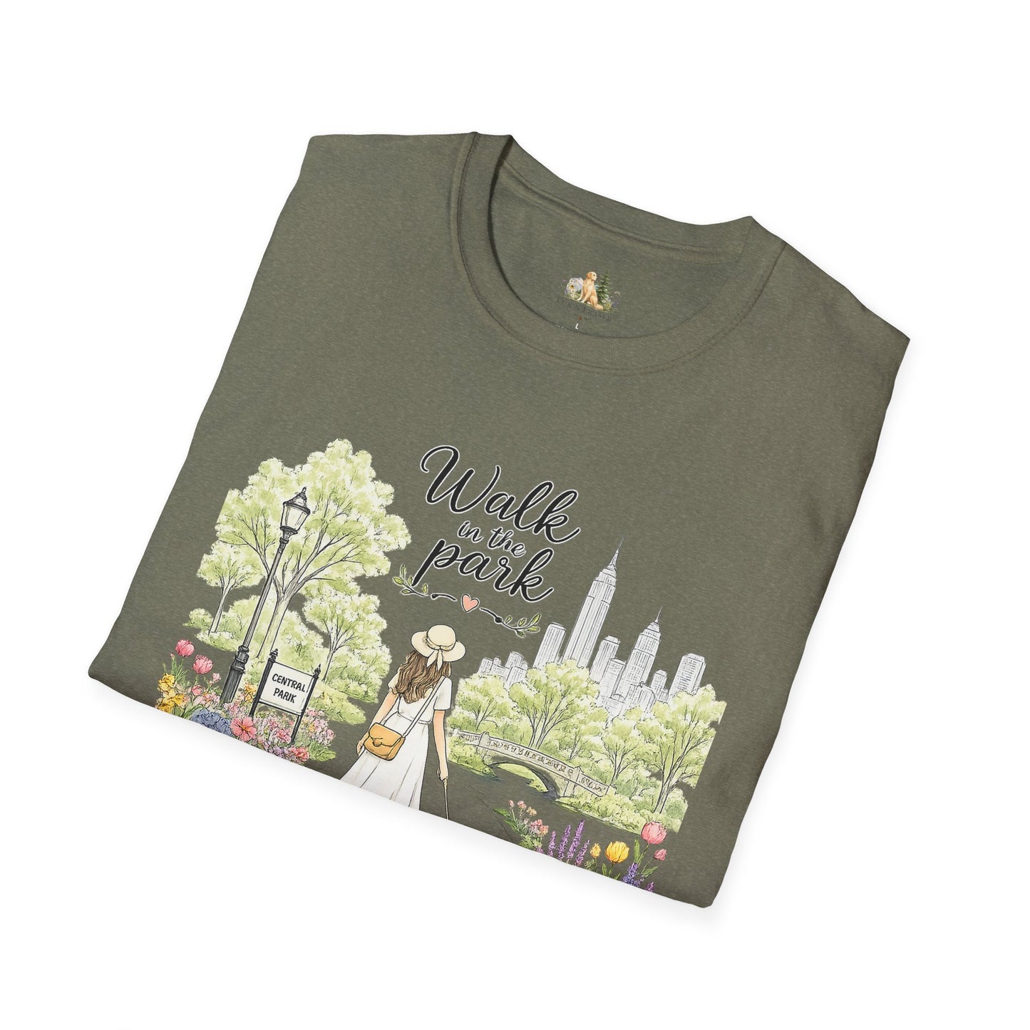 Walk in the Park T-Shirt | Woman Walking Dog Park Illustration (Light Weight, Ultra Soft Tee)