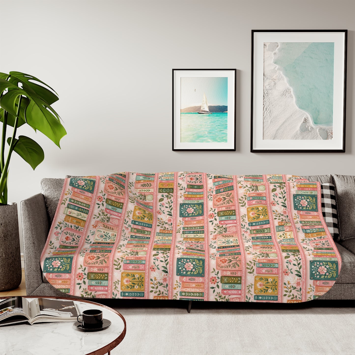 Vintage Floral Bookstack Sherpa Blanket — Cozy Pink Library Pattern
