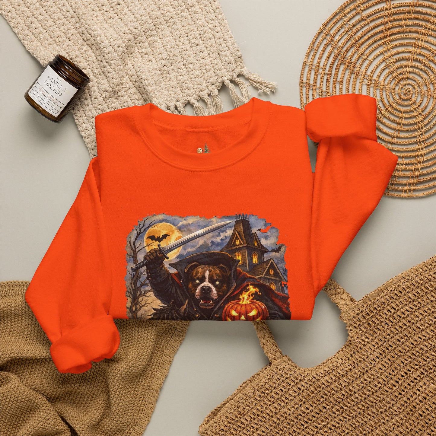 Unisex Halloween Pit Bull Headless Horseman Crewneck Sweatshirt ~ What Tails Lurk Behind The Pines