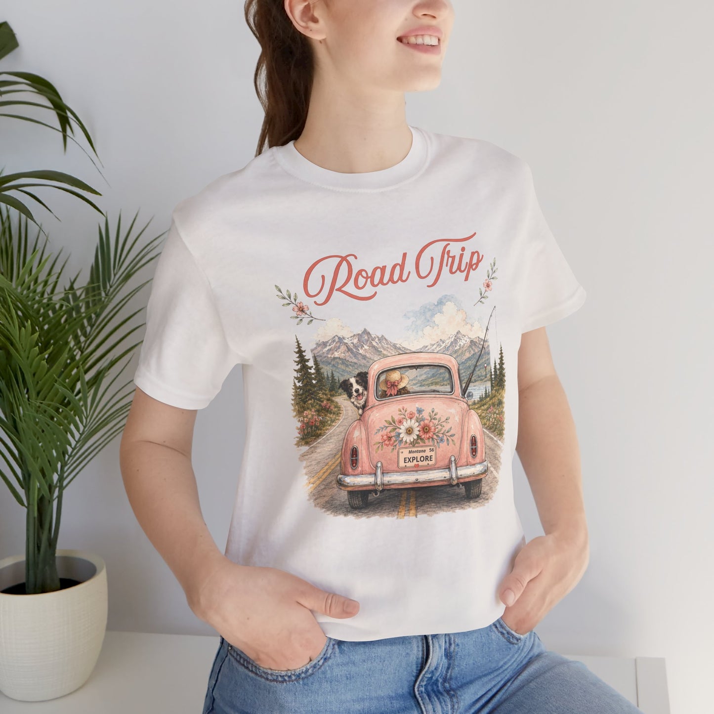 Road Trip Vintage Car T-Shirt — Retro Floral Scenic Drive Tee
