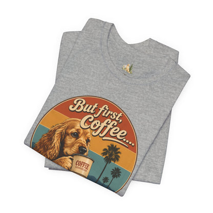 Men's But First Coffee Dog Tee — Retro Palm Tree Coffee Lover T-Shirt
