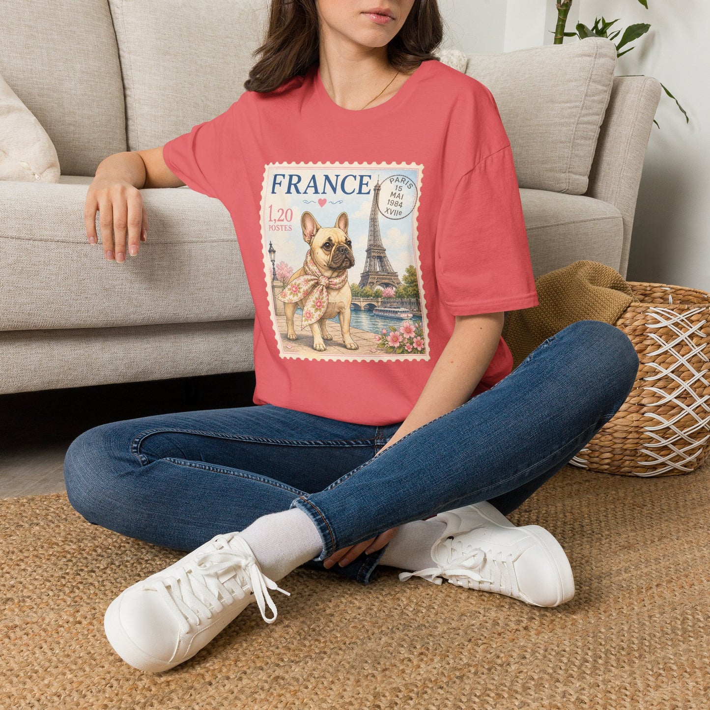 French Bulldog Postage Stamp T-Shirt | Eiffel Tower Paris Design (Light Weight, Ultra Soft Tee)