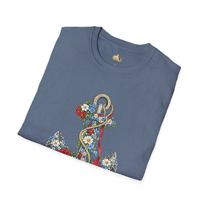 Floral Anchor Illustration T-Shirt Nautical Anchor with Roses (Light Weight, Ultra Soft T-Shirt)