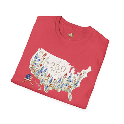 Unisex 250 Years USA Floral Map T-Shirt — Patriotic Anniversary Graphic Tee (Light weight Ulta Soft T-Shirt)