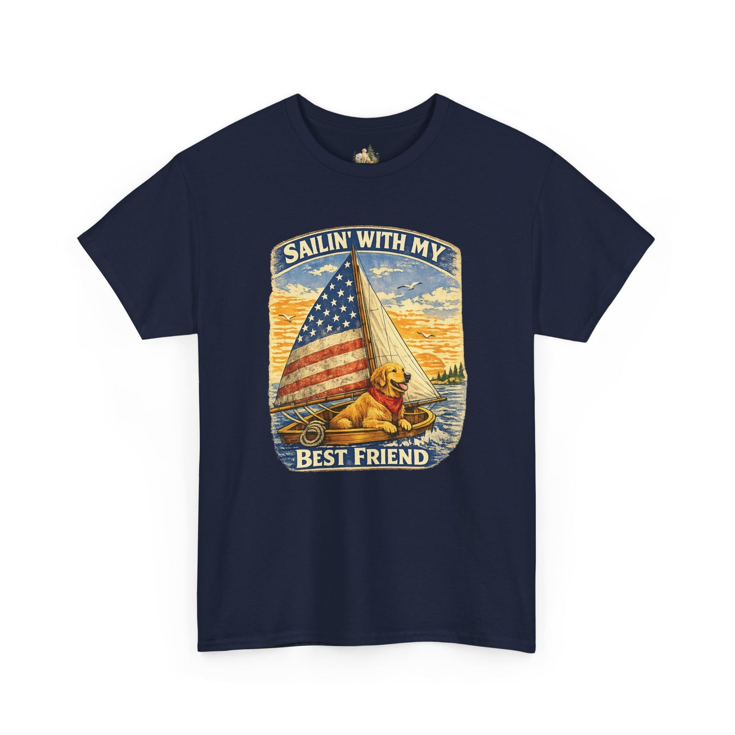 Unisex Sailin' With My Best Friend T-Shirt - Dog & American Flag Sailing Crew Tee (Light Weight, Ultra Soft Cotton)