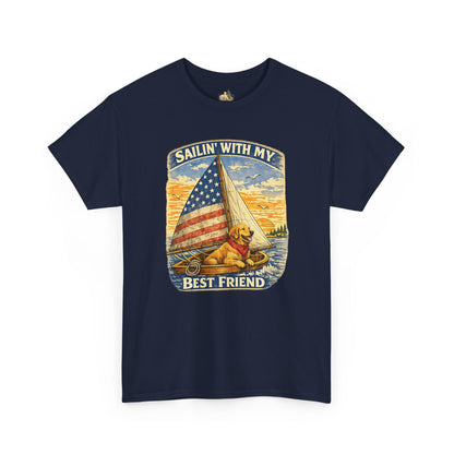 Unisex Sailin' With My Best Friend T-Shirt - Dog & American Flag Sailing Crew Tee (Light Weight, Ultra Soft Cotton)