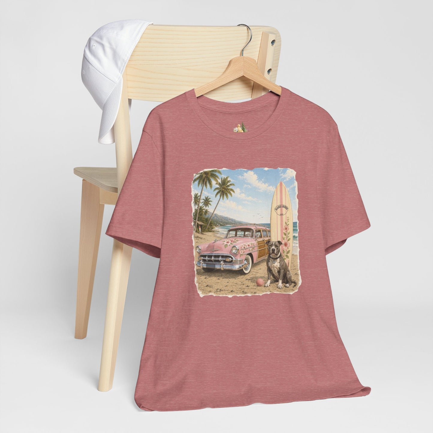 Vintage Beach Surf T‑Shirt — Retro Car, Surfboard & Dog Graphic
