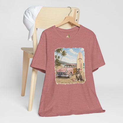 Vintage Beach Surf T‑Shirt — Retro Car, Surfboard & Dog Graphic
