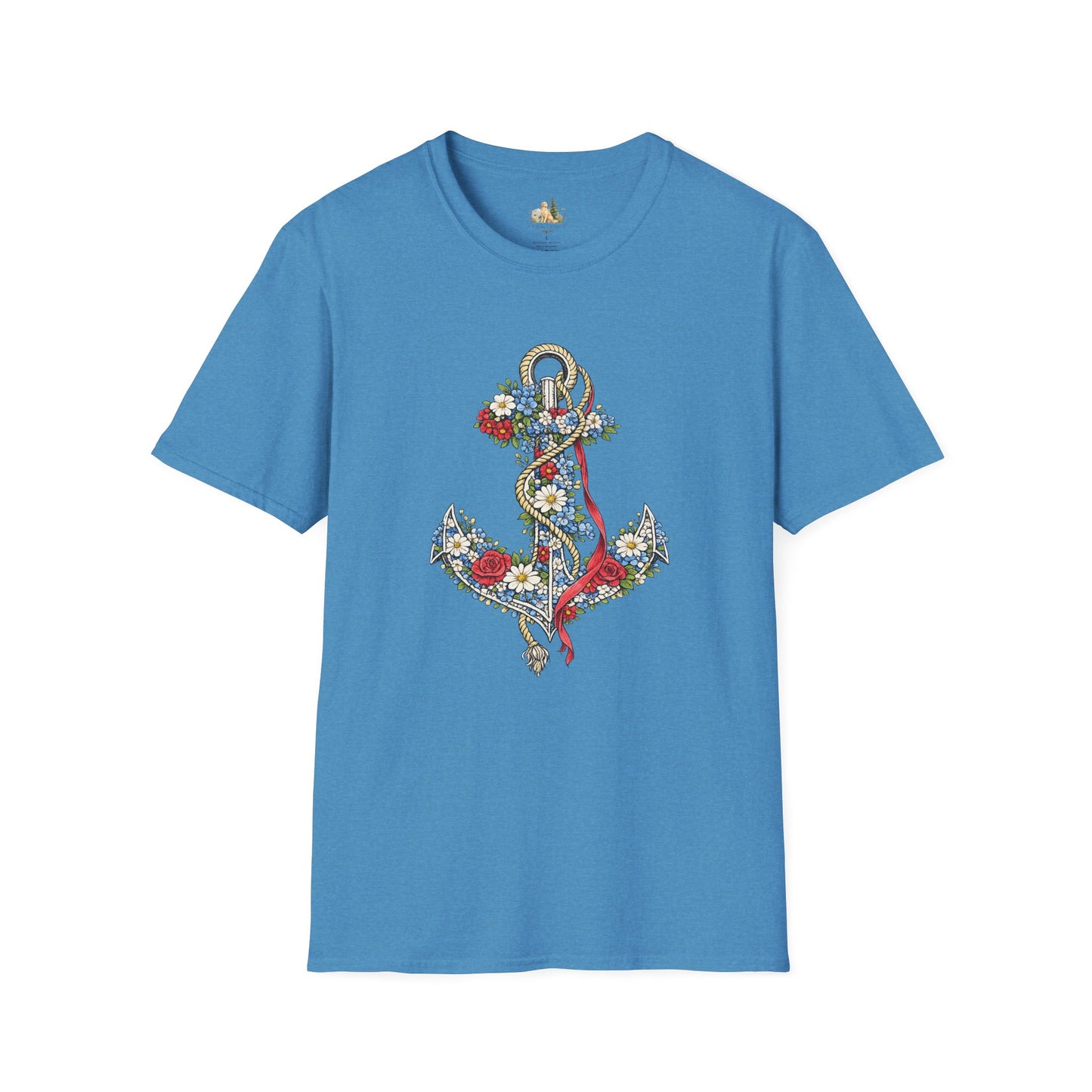Floral Anchor Illustration T-Shirt Nautical Anchor with Roses (Light Weight, Ultra Soft T-Shirt)