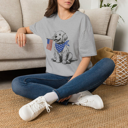 Unisex Patriotic Puppy T-Shirt — Golden Retriever with American Flag Bandana (Light Weight, Ultra Soft Tee)