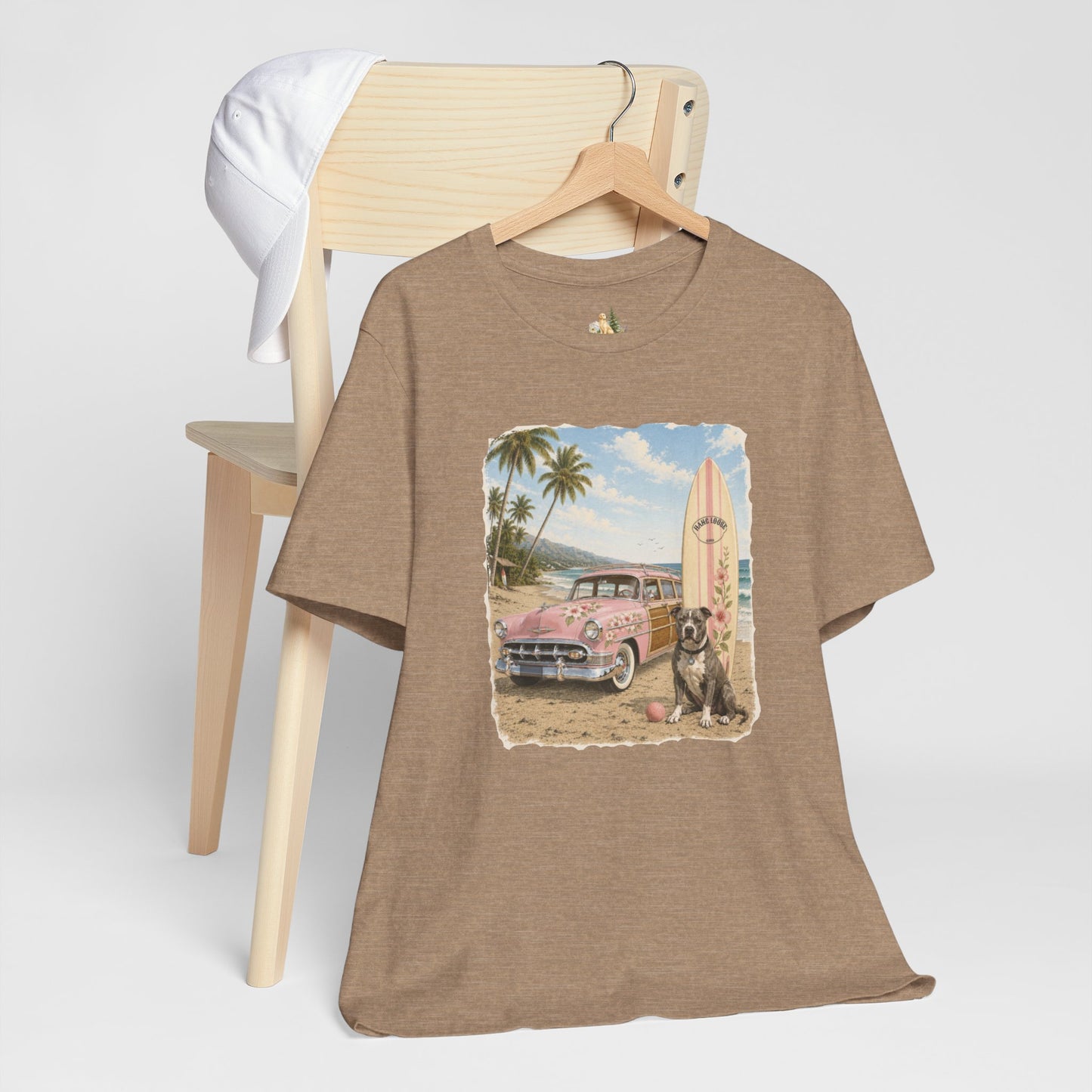 Vintage Beach Surf T‑Shirt — Retro Car, Surfboard & Dog Graphic