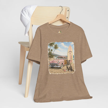 Vintage Beach Surf T‑Shirt — Retro Car, Surfboard & Dog Graphic