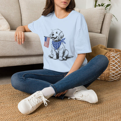 Unisex Patriotic Puppy T-Shirt — Golden Retriever with American Flag Bandana (Light Weight, Ultra Soft Tee)