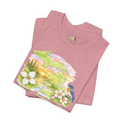 Michigan Scenic T-Shirt — State Flower & Bluebird Watercolor Design