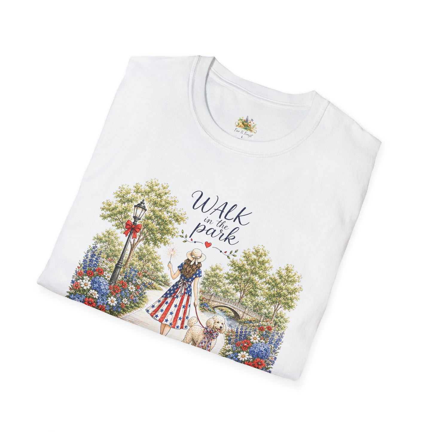 Walk in the Park woman with dog T-Shirt | Floral pathway illustration (Light Weight, Ultra Soft T Shirt)