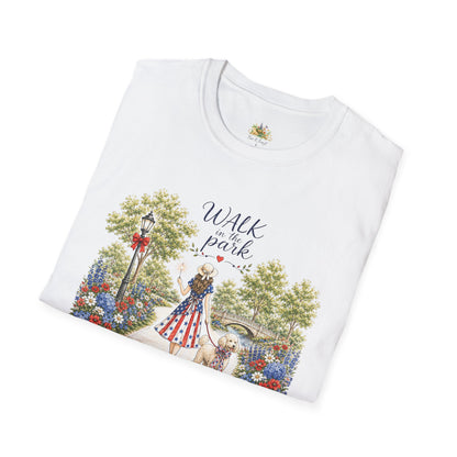 Walk in the Park woman with dog T-Shirt | Floral pathway illustration (Light Weight, Ultra Soft T Shirt)