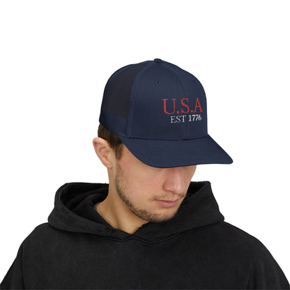 USA EST 1776 Snapback Trucker Cap — Patriotic American Flag Style