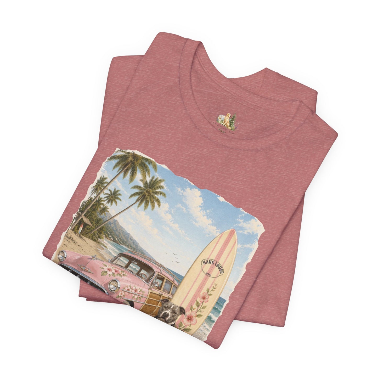 Vintage Beach Surf T‑Shirt — Retro Car, Surfboard & Dog Graphic