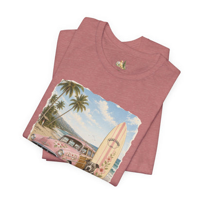 Vintage Beach Surf T‑Shirt — Retro Car, Surfboard & Dog Graphic