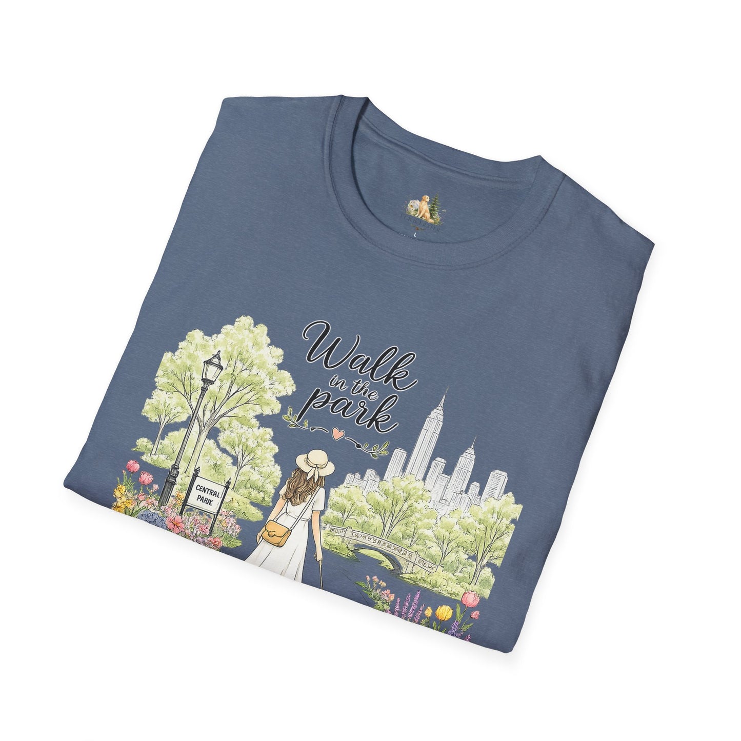 Walk in the Park T-Shirt | Woman Walking Dog Park Illustration (Light Weight, Ultra Soft Tee)