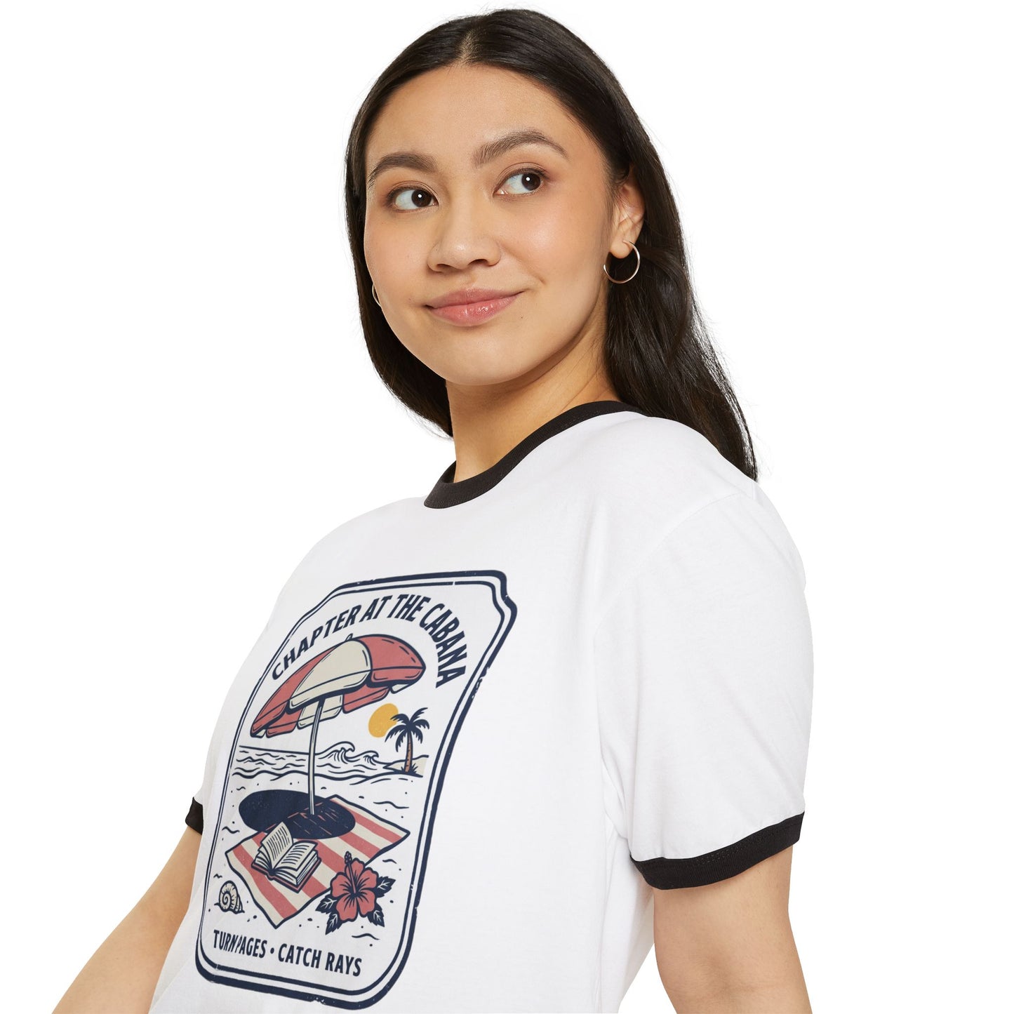 Ringer T-Shirt — "Chapter at the Cabana" Beach Vibes Graphic Tee (Turn Pages • Catch Rays)