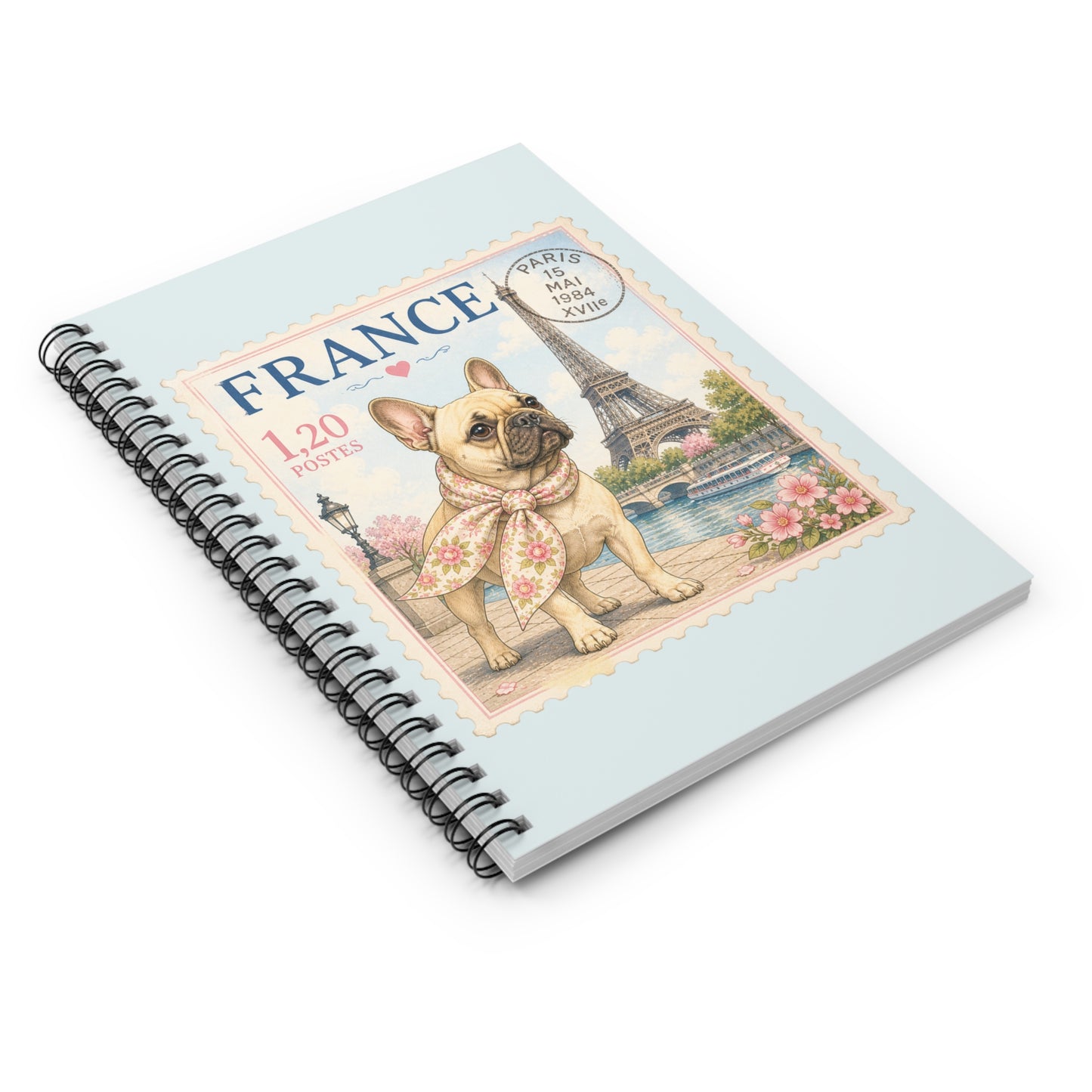 French Bulldog Paris Stamp Spiral Notebook | Ruled