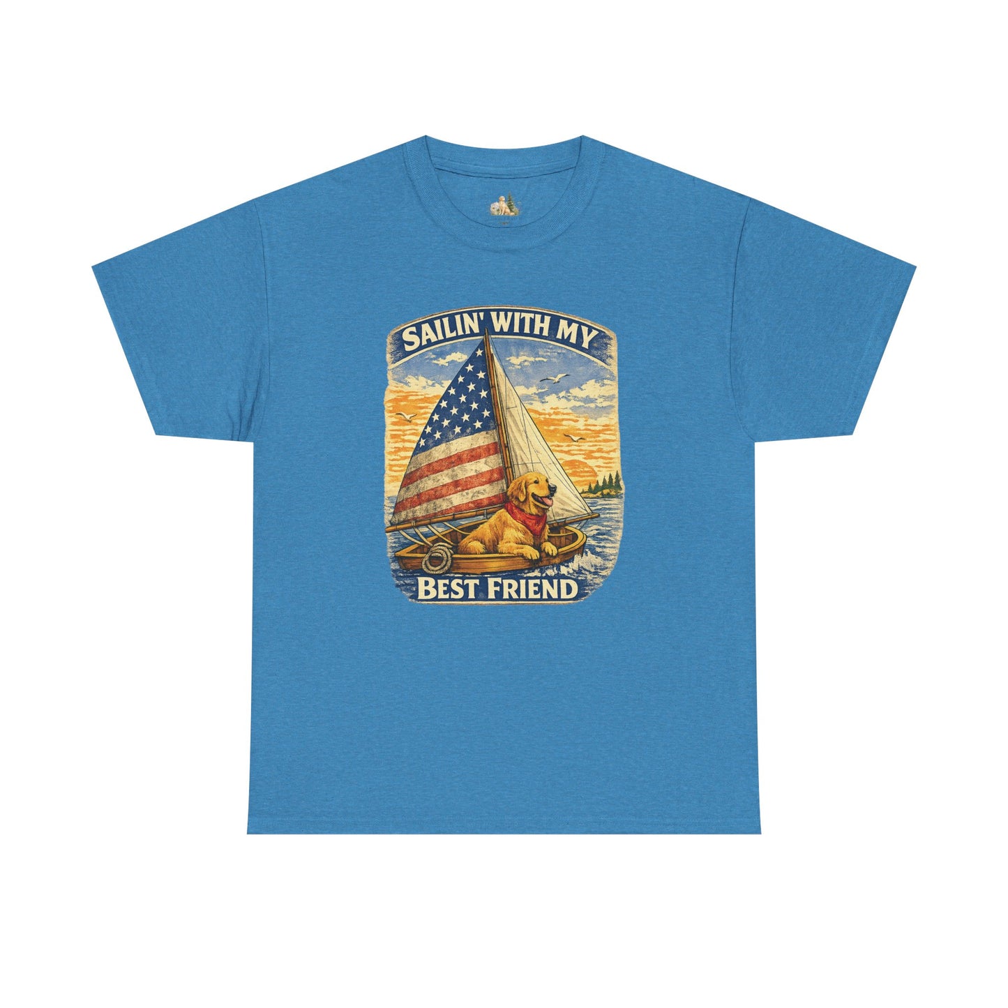 Unisex Sailin' With My Best Friend T-Shirt - Dog & American Flag Sailing Crew Tee (Light Weight, Ultra Soft Cotton)