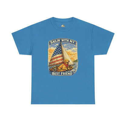 Unisex Sailin' With My Best Friend T-Shirt - Dog & American Flag Sailing Crew Tee (Light Weight, Ultra Soft Cotton)
