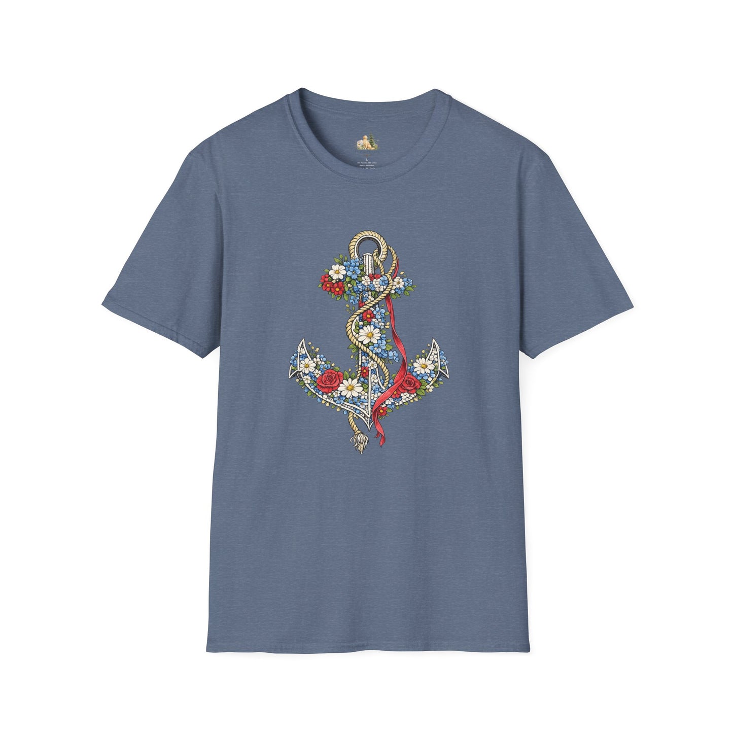 Floral Anchor Illustration T-Shirt Nautical Anchor with Roses (Light Weight, Ultra Soft T-Shirt)