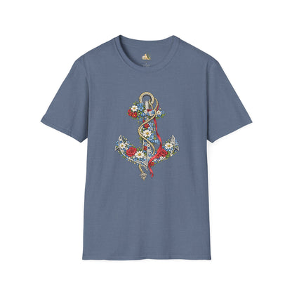 Floral Anchor Illustration T-Shirt Nautical Anchor with Roses (Light Weight, Ultra Soft T-Shirt)