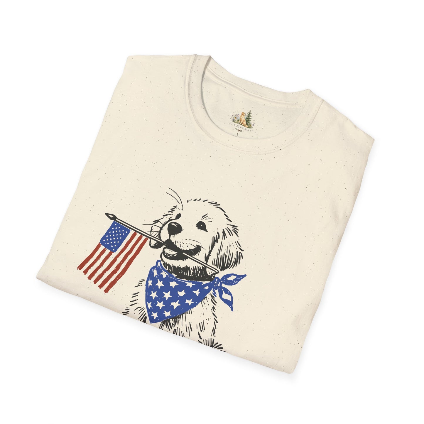 Unisex Patriotic Puppy T-Shirt — Golden Retriever with American Flag Bandana (Light Weight, Ultra Soft Tee)