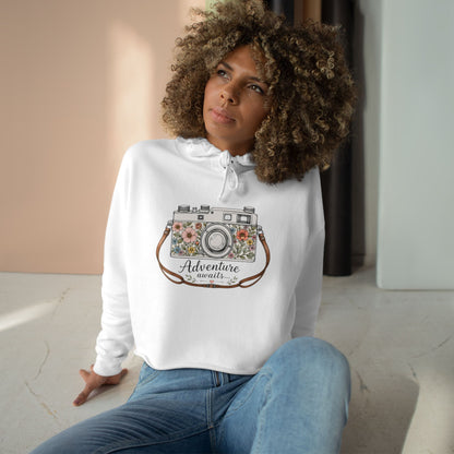 Cropped Hoodie — Floral Vintage Camera “Adventure Awaits” Crop Hoodie