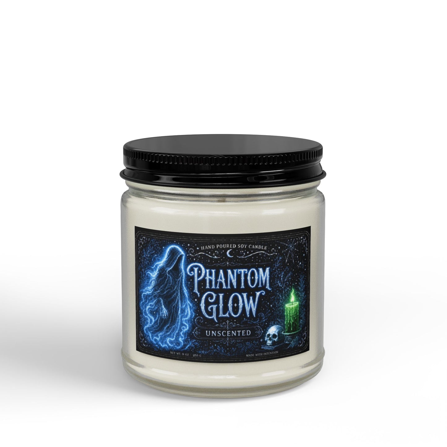 Phantom Glow Soy Candle — Unscented Amber Jar with Black Lid (4oz & 9oz)