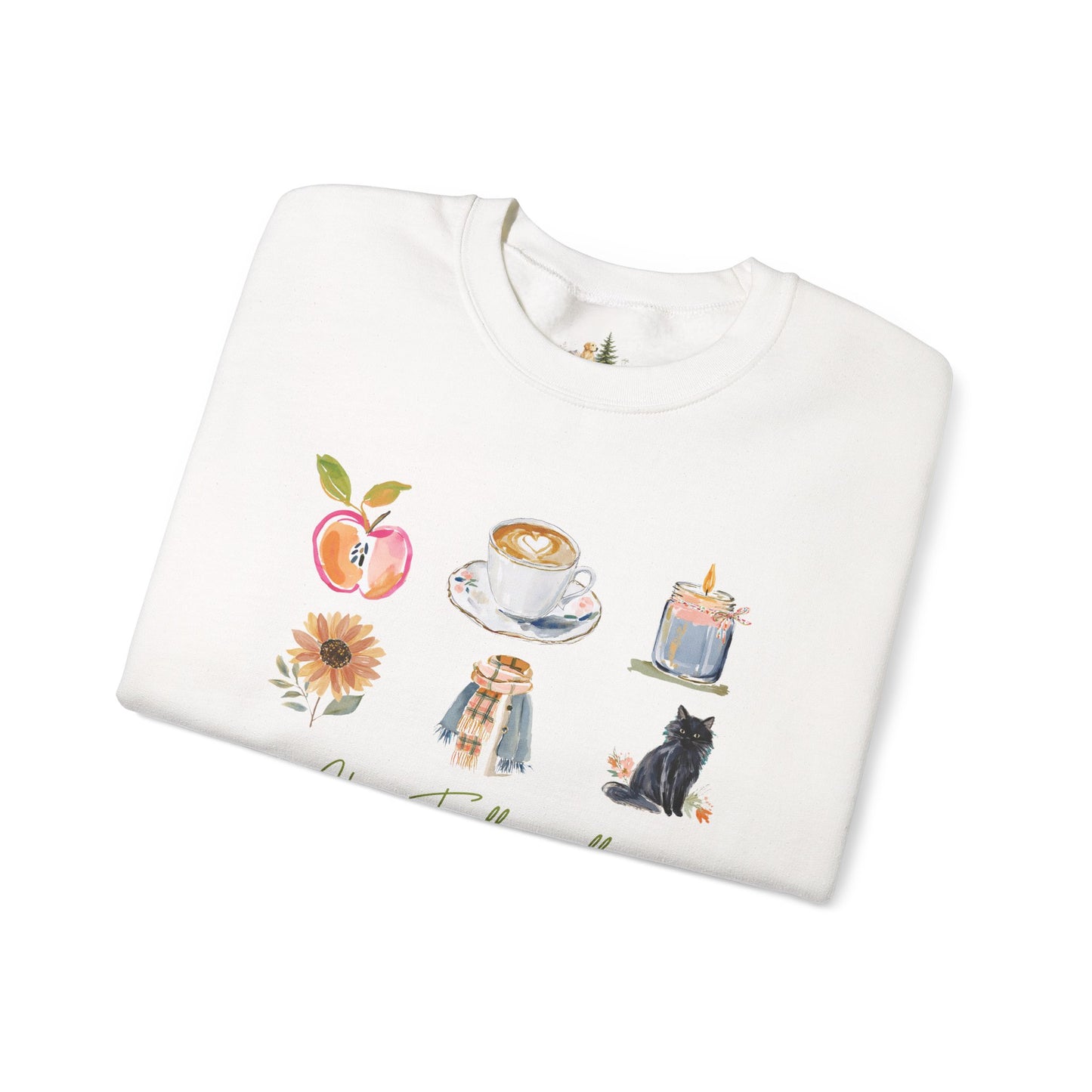 Fall Icons Crewneck Sweatshirt — Cozy Autumn Peach, Coffee, Candle & Cat Design