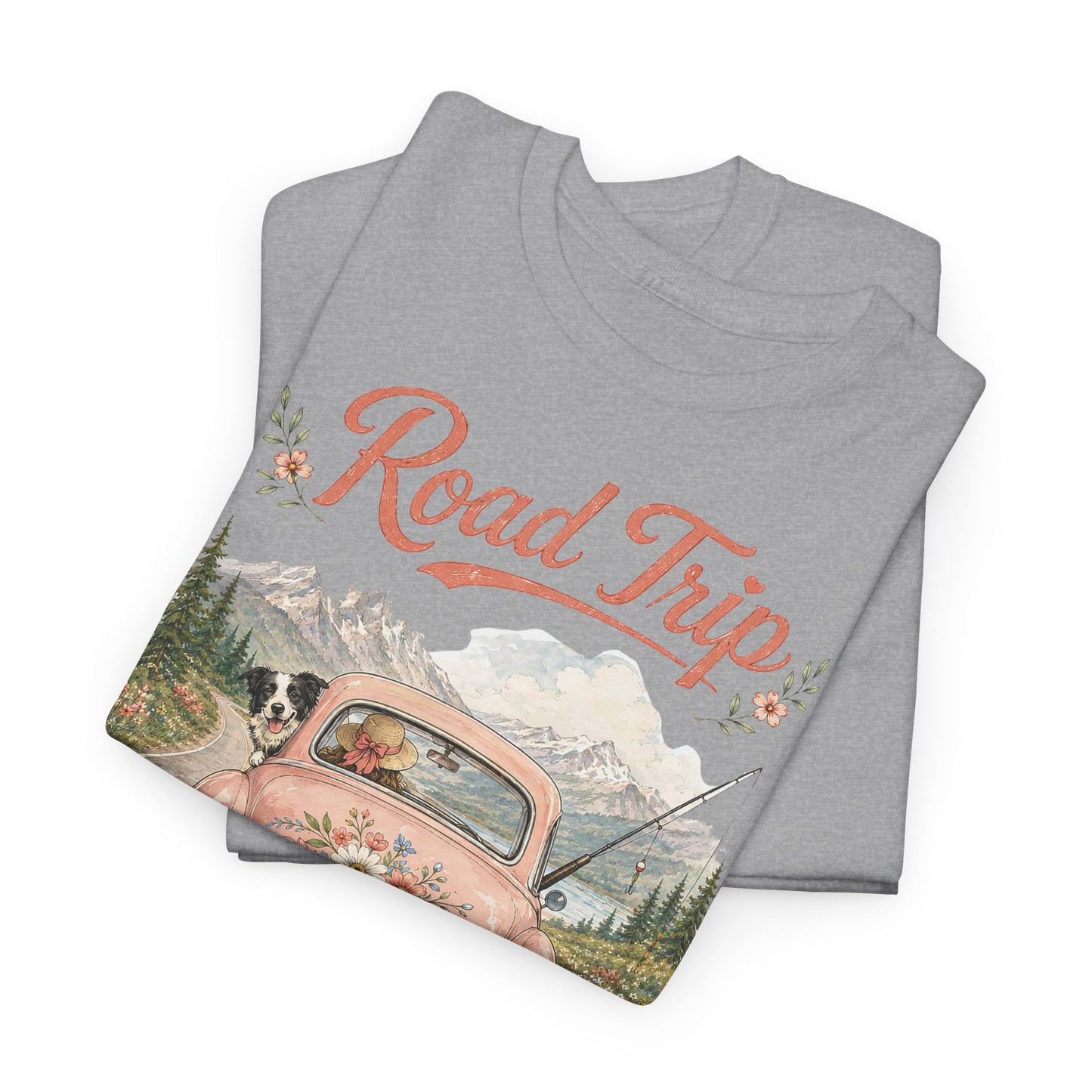 Road Trip Vintage Car T-Shirt — Retro Floral Scenic Drive Tee ( Heavy Weight Tee)