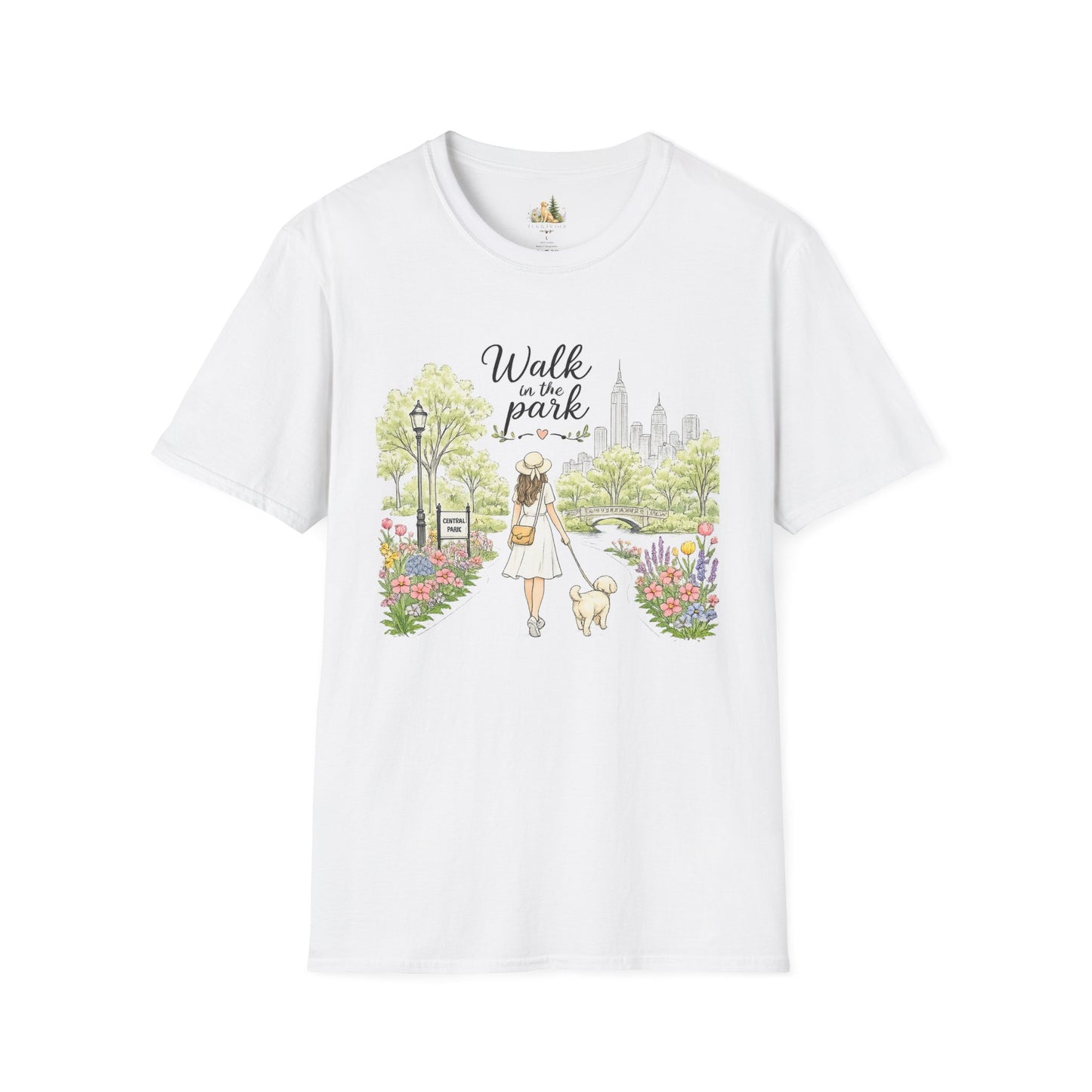 Walk in the Park T-Shirt | Woman Walking Dog Park Illustration (Light Weight, Ultra Soft Tee)