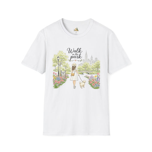 Walk in the Park T-Shirt | Woman Walking Dog Park Illustration (Light Weight, Ultra Soft Tee)