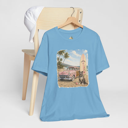 Vintage Beach Surf T‑Shirt — Retro Car, Surfboard & Dog Graphic