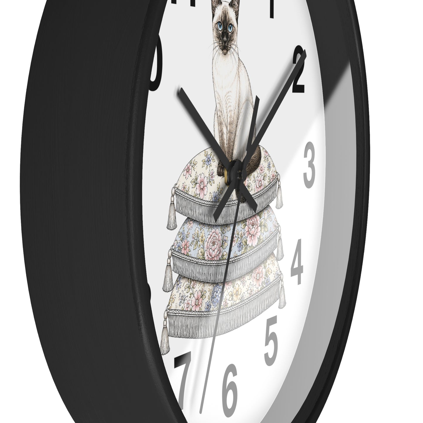 Siamese Cat on Stacked Cushions Wall Clock | Floral Pillow Illustration
