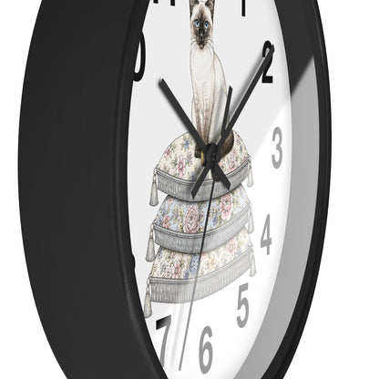Siamese Cat on Stacked Cushions Wall Clock | Floral Pillow Illustration