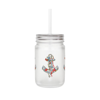 Floral Anchor Mason Jar | Mason Jar Tumbler with Handle and Straw