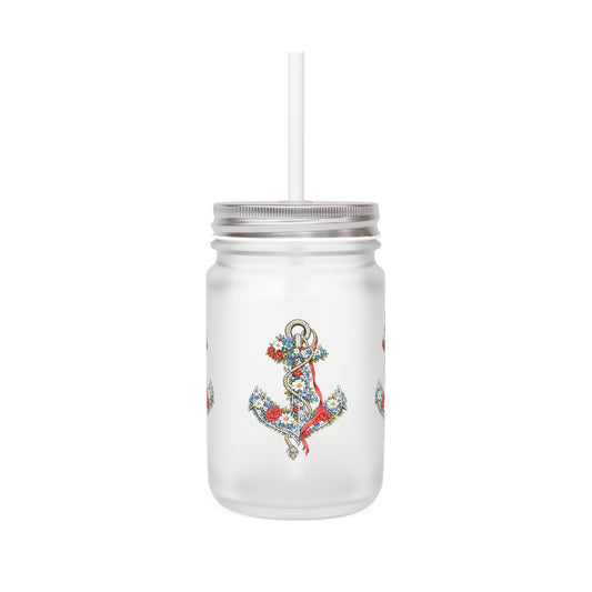 Floral Anchor Mason Jar | Mason Jar Tumbler with Handle and Straw