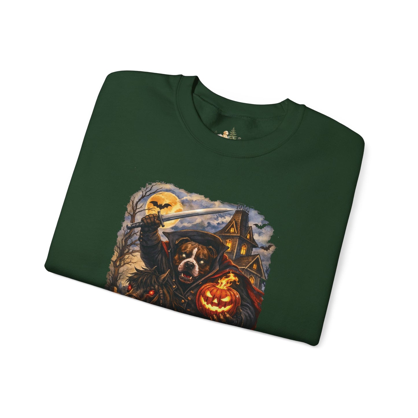 Unisex Halloween Pit Bull Headless Horseman Crewneck Sweatshirt ~ What Tails Lurk Behind The Pines