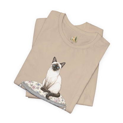 Siamese Cat on Floral Pillows T-Shirt | Vintage Pet Illustration