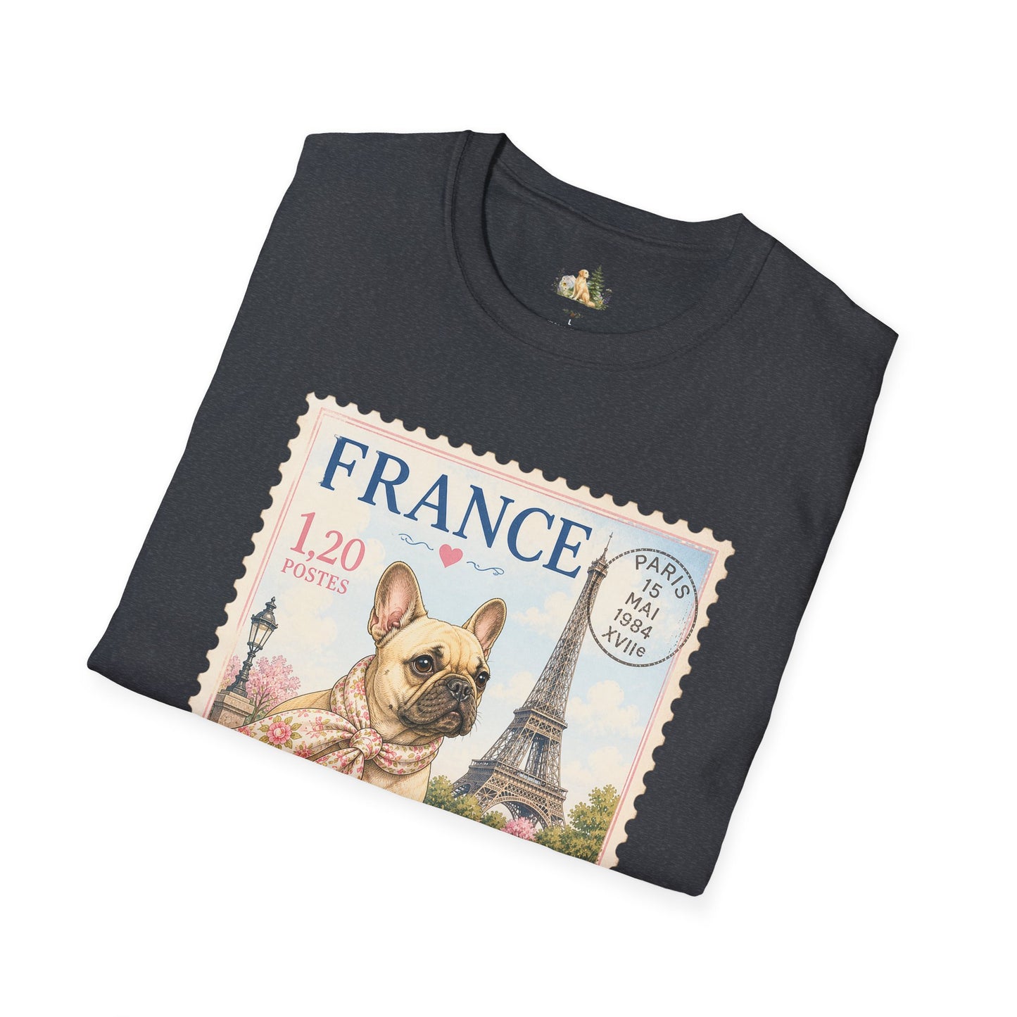 French Bulldog Postage Stamp T-Shirt | Eiffel Tower Paris Design (Light Weight, Ultra Soft Tee)