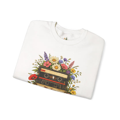 Retro Cassette Floral Sweatshirt — Vintage Tape Player Crewneck