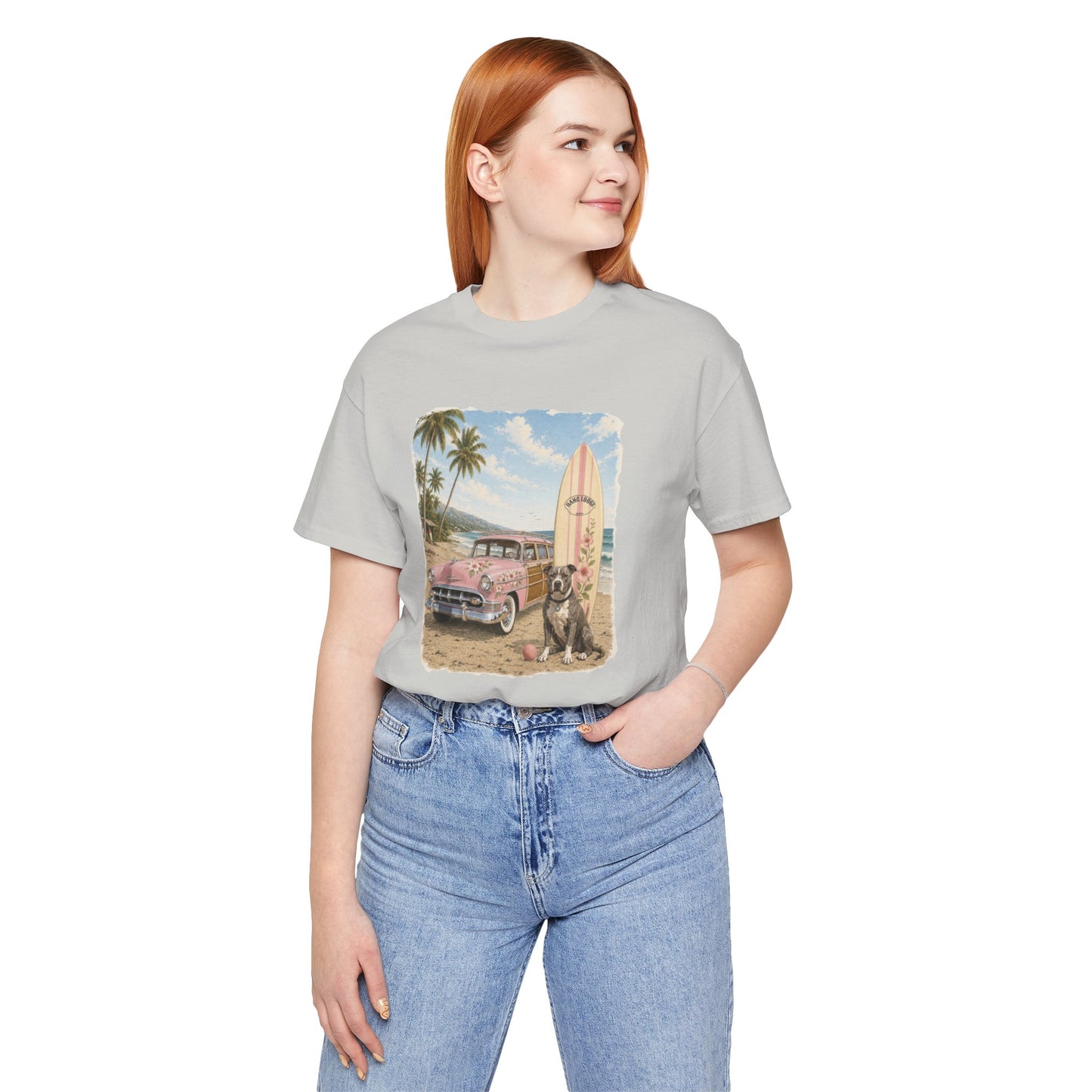 Vintage Beach Surf T‑Shirt — Retro Car, Surfboard & Dog Graphic