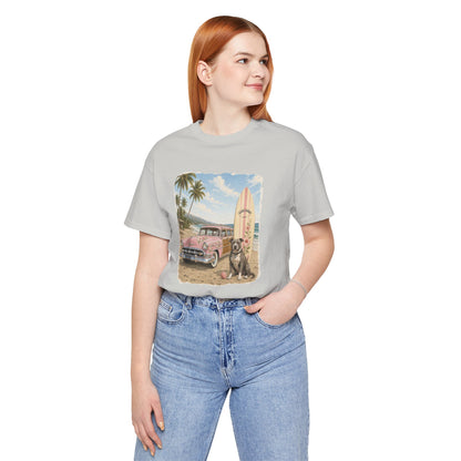 Vintage Beach Surf T‑Shirt — Retro Car, Surfboard & Dog Graphic